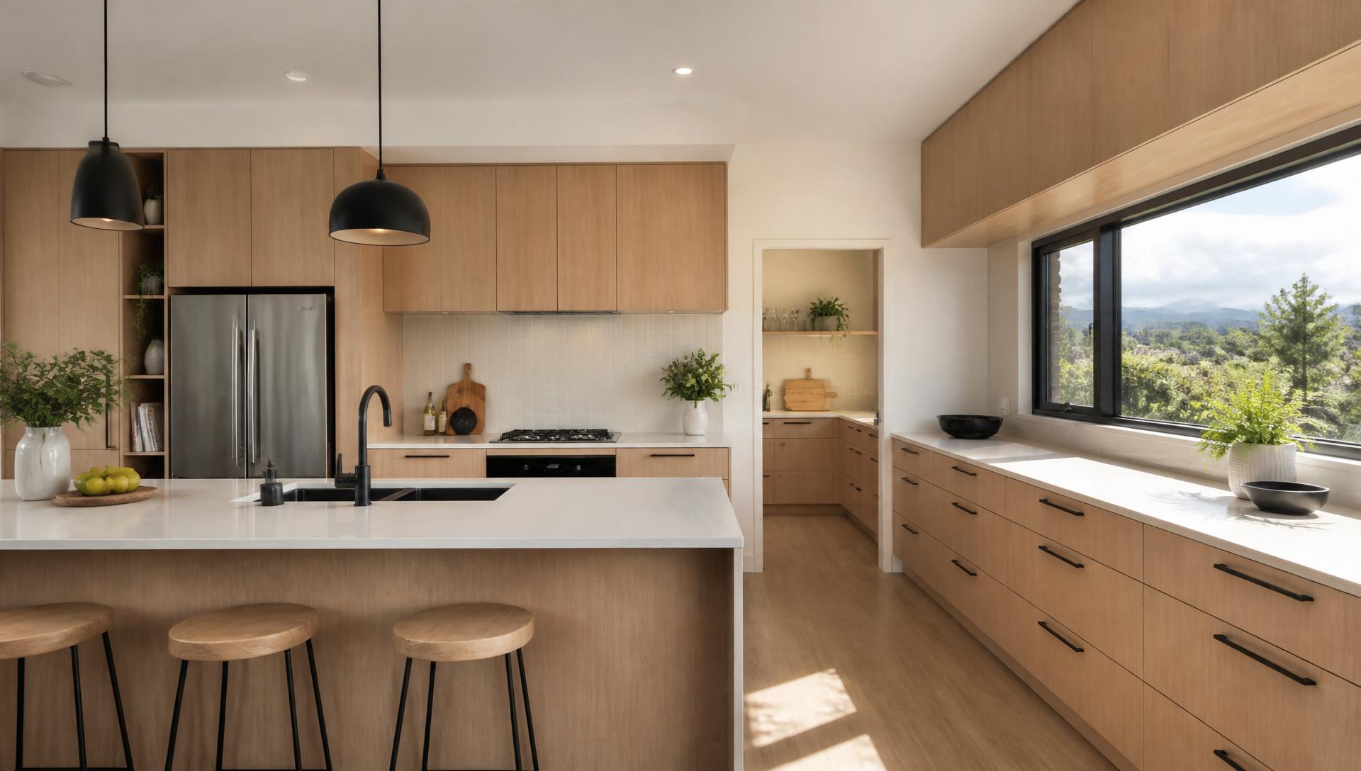 Modern kitchen with light timber flat-pack cabinets